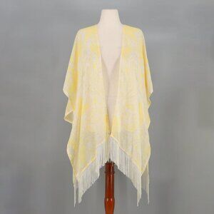 CHICO'S 100% Linen Lightweight Yellow Paisley Ruana Wrap Fringe Size L/XL